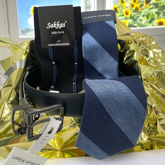 Mens Gift Set Calvin Klein Belt Tommy Hilfiger Tie Sakkas Socks NWT Bundle - Picture 1 of 14